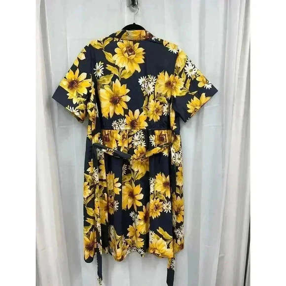 Jason Wu 2XP Blue Sunflower Floral‎ Tie Waist Button Down Collared Midi Dress - Picture 3 of 13